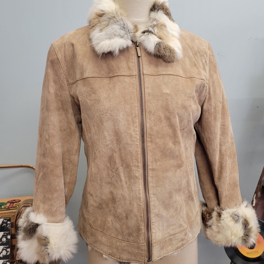 St. Johns Bay Vintage 90s Suede & Rabbit Fur Trim Jacket